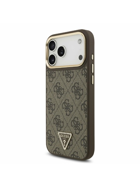 Guess Guess PU Leather 4G Strass Triangle Logo Gold Frame MagSafe Carcasă Spate pentru iPhone 17 Pro Max Brown