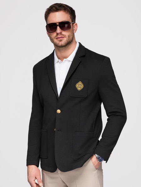 Ombre Clothing Sacou pentru bărbați cu croială slim fit clasică, nasturi aurii și emblema Heritage - negru V2 OM-BLZB-0166 Ombre Clothing