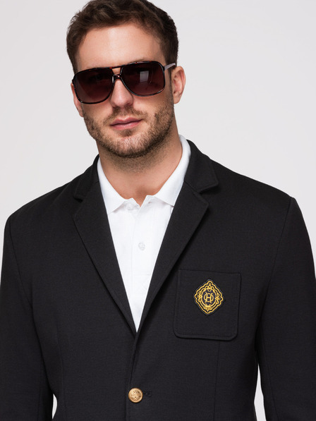 Ombre Clothing Sacou pentru bărbați cu croială slim fit clasică, nasturi aurii și emblema Heritage - negru V2 OM-BLZB-0166 Ombre Clothing