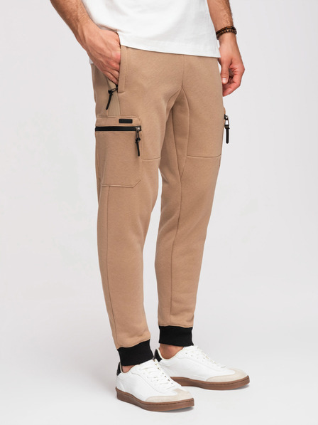 Ombre Clothing Pantaloni de trening JOGGER pentru bărbați cu buzunare pe coapse și inserții contrastante - bej deschis V4 OM-PASK-0222 Ombre Clothing