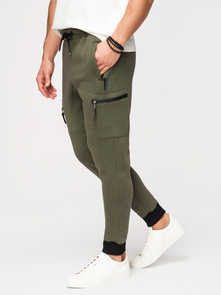 Ombre Clothing Pantaloni de trening JOGGER pentru bărbați cu buzunare pe coapse și inserții contrastante - oliv V5 OM-PASK-0222 Ombre Clothing