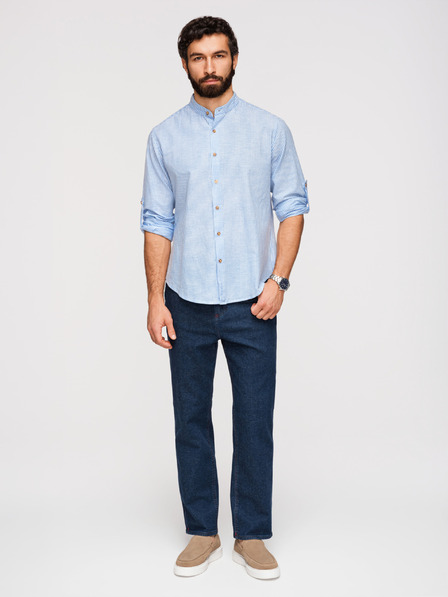 Ombre Clothing Cămașă din in cu dungi pentru bărbați cu guler înțepenit - alb și albastru V2 OM-SHCS-0189 Ombre Clothing