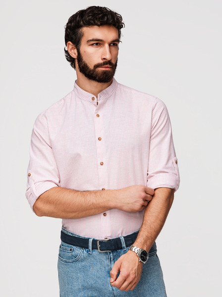 Ombre Clothing Cămașă din in cu dungi pentru bărbați cu guler înțepenit - alb și roz V3 OM-SHCS-0189 Ombre Clothing