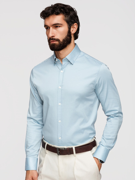 Ombre Clothing Cămașă clasică pentru bărbați SLIM FIT din țesătură satinată - albastru V2 OM-SHOS-0211 Ombre Clothing