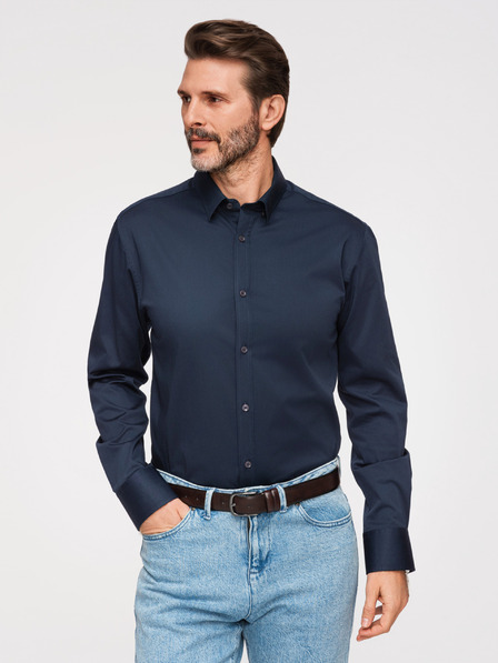 Ombre Clothing Cămașă clasică pentru bărbați SLIM FIT din țesătură satinată - albastru închis V3 OM-SHOS-0211 Ombre Clothing