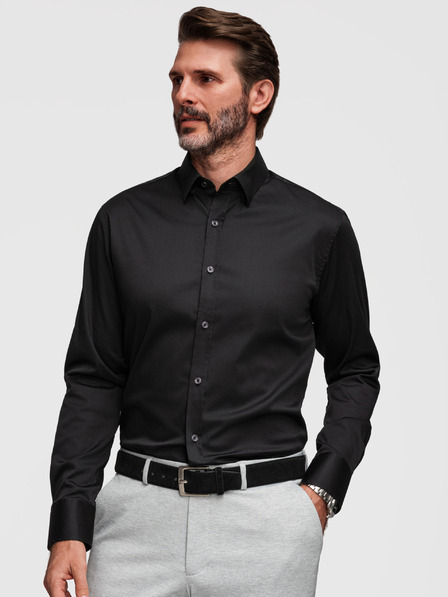 Ombre Clothing Cămașă clasică pentru bărbați SLIM FIT din țesătură satinată - negru V4 OM-SHOS-0211 Ombre Clothing