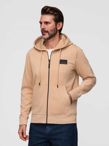 Ombre Clothing Bluză cu fermoar și glugă și aplicație pentru bărbați - nisip V2 OM-SSZP-0256 Ombre Clothing