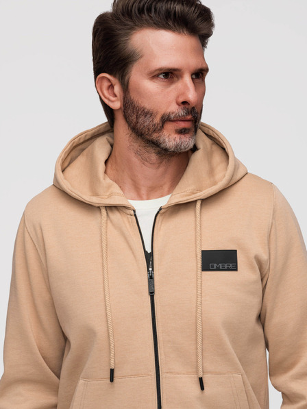 Ombre Clothing Bluză cu fermoar și glugă și aplicație pentru bărbați - nisip V2 OM-SSZP-0256 Ombre Clothing