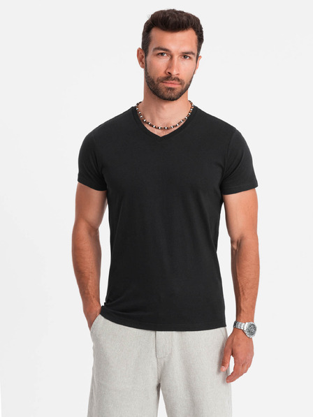 Ombre Clothing Tricou basic negru cu decolteu în V pentru bărbați Ombre Clothing