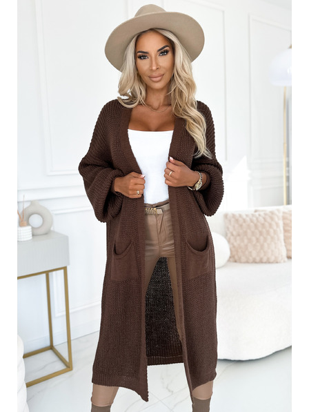 numoco basic Cardigan - pelerina lungă din tricot cu buzunare - culoare ciocolată