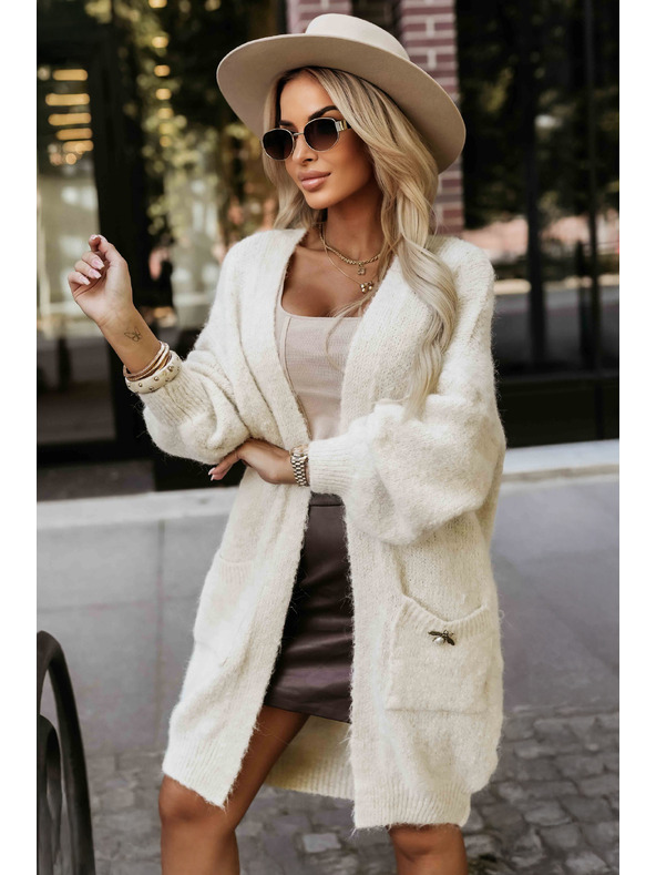 numoco Cardigan oversized modă cu broșă decorativă și buzunare practice - bej