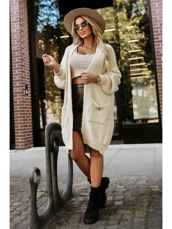 numoco Cardigan oversized modă cu broșă decorativă și buzunare practice - bej