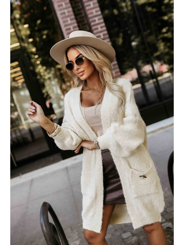 numoco Cardigan oversized modă cu broșă decorativă și buzunare practice - bej