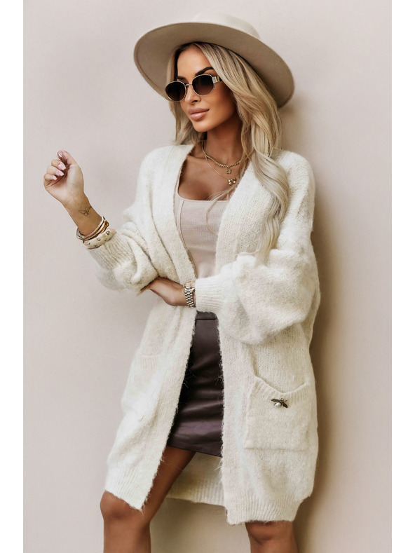 numoco Cardigan oversized modă cu broșă decorativă și buzunare practice - bej