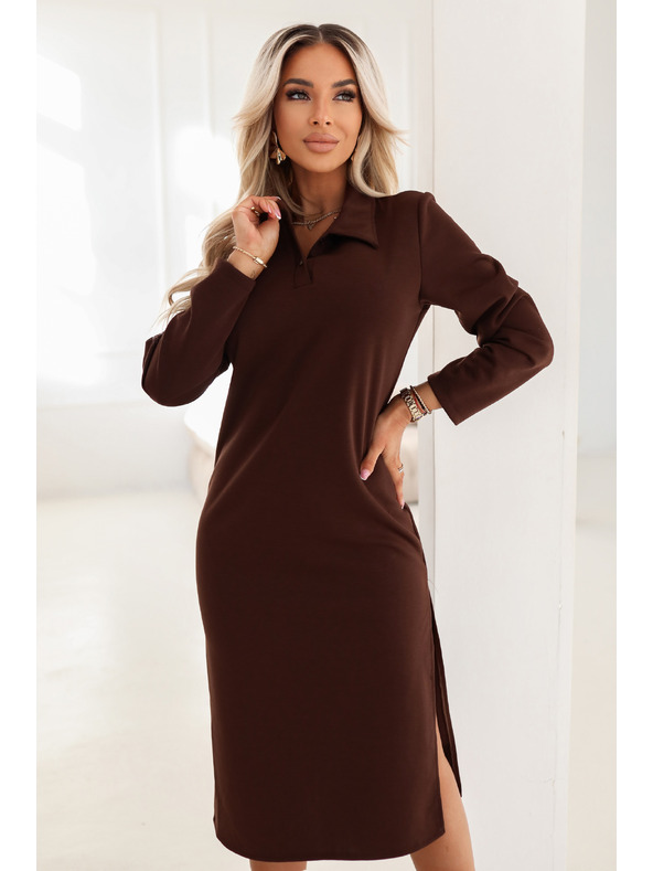 numoco Rochie midi elegantă cu guler și crăpătură laterală - ciocolată