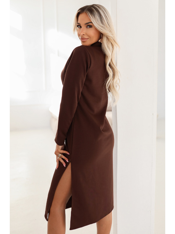 numoco Rochie midi elegantă cu guler și crăpătură laterală - ciocolată