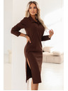 numoco Rochie midi elegantă cu guler și crăpătură laterală - ciocolată