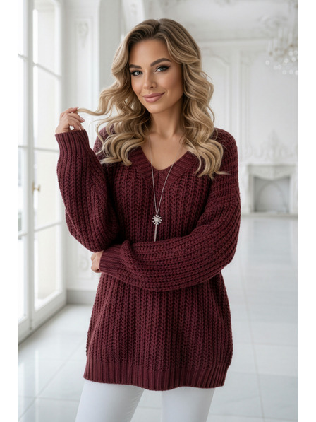 numoco basic Pulover cald oversized cu țesătură densă și decolteu în V - vișiniu