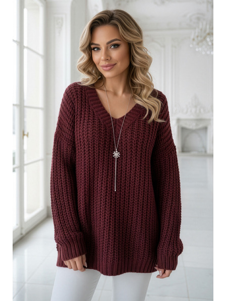 numoco basic Pulover cald oversized cu țesătură densă și decolteu în V - vișiniu