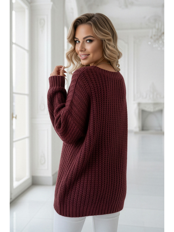numoco Pulover cald oversized cu țesătură densă și decolteu în V - vișiniu