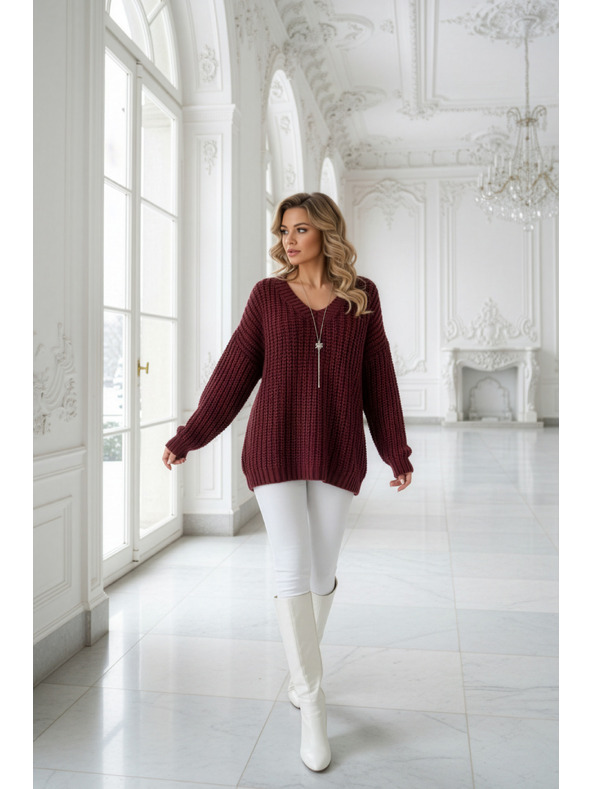 numoco Pulover cald oversized cu țesătură densă și decolteu în V - vișiniu