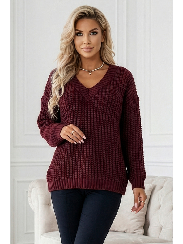 numoco Pulover cald oversized cu țesătură densă și decolteu în V - vișiniu