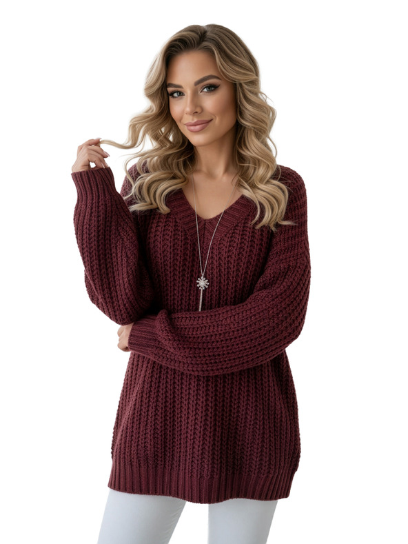 numoco Pulover cald oversized cu țesătură densă și decolteu în V - vișiniu
