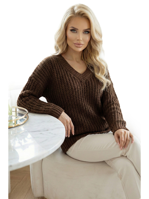 numoco Pulover oversized cald cu țesătură densă și decolteu în V - ciocolată