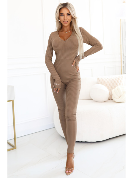 Kocula Salopetă damă din material nervurat, confortabilă și elegantă cu decolteu - mocha mousse