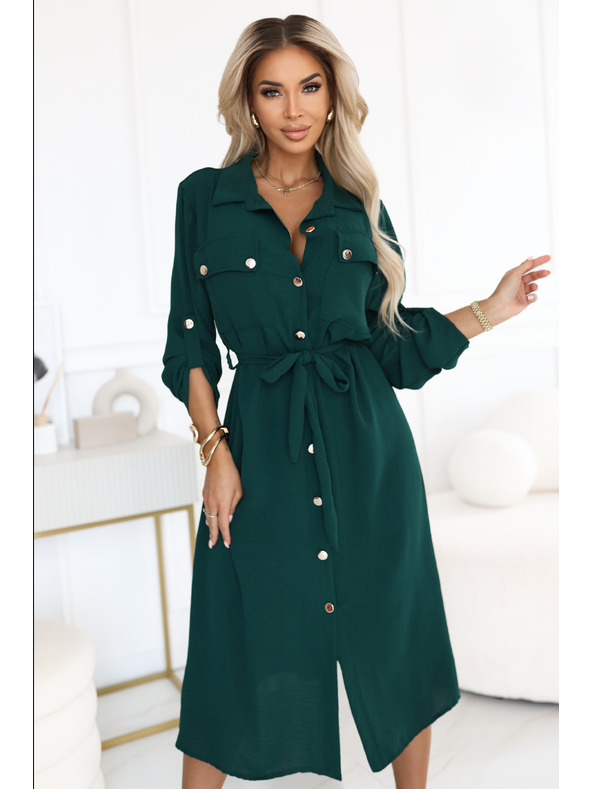 numoco Rochie de cămașă midi cu nasturi aurii și cravată - verde