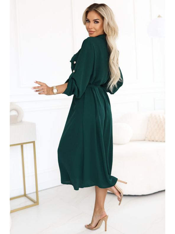 numoco Rochie de cămașă midi cu nasturi aurii și cravată - verde