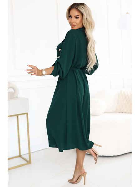 numoco basic Rochie de cămașă midi cu nasturi aurii și cravată - verde