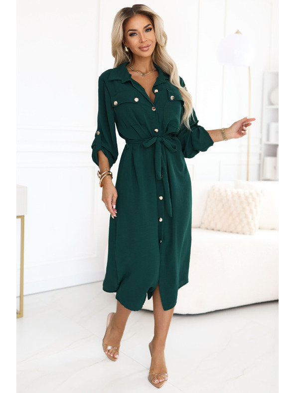 numoco Rochie de cămașă midi cu nasturi aurii și cravată - verde