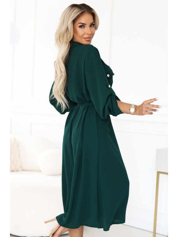 numoco Rochie de cămașă midi cu nasturi aurii și cravată - verde