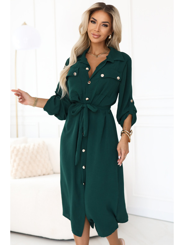 numoco Rochie de cămașă midi cu nasturi aurii și cravată - verde