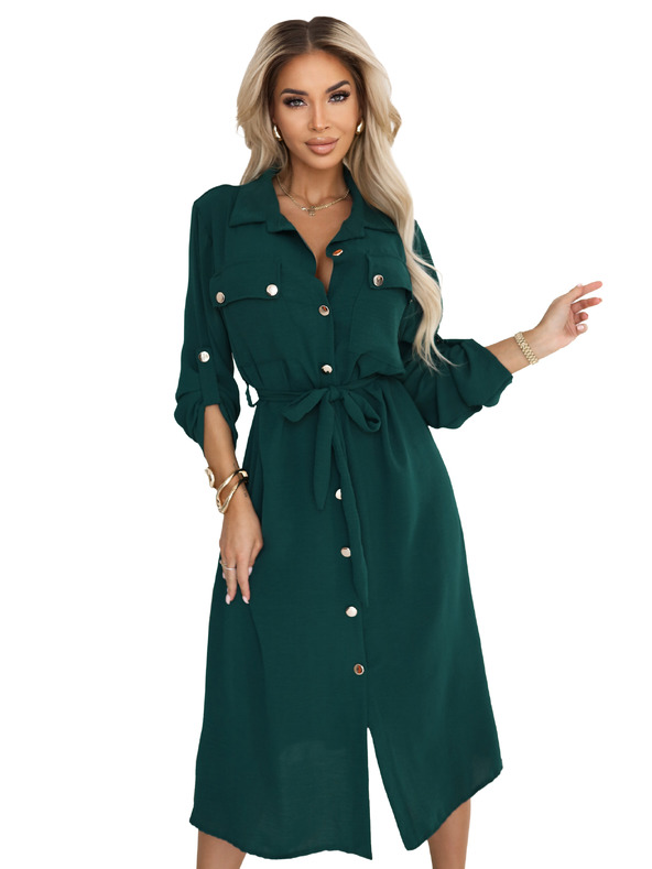 numoco Rochie de cămașă midi cu nasturi aurii și cravată - verde