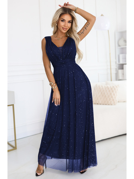 numoco basic Rochie lungă de seară cu accent brocart și decolteu adânc - albastru închis