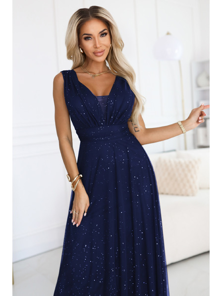 numoco basic Rochie lungă de seară cu accent brocart și decolteu adânc - albastru închis