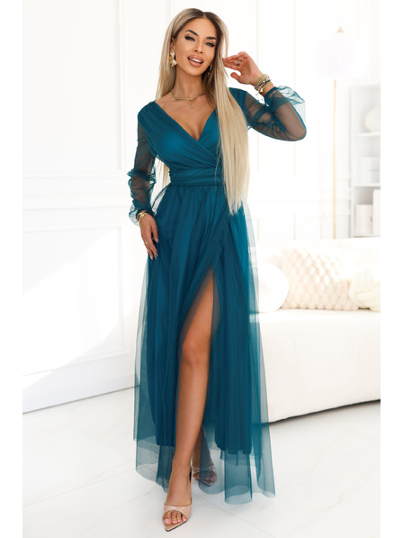 numoco basic Rochie maxi lungă cu mâneci de tul și decolteu încrucișat - verde sticla