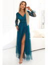 numoco Rochie maxi lungă cu mâneci de tul și decolteu încrucișat - verde sticla