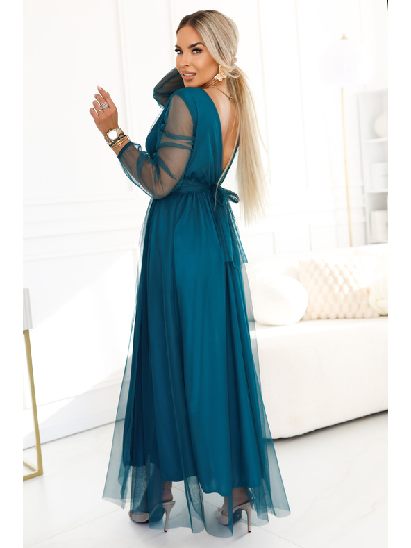 numoco Rochie maxi lungă cu mâneci de tul și decolteu încrucișat - verde sticla
