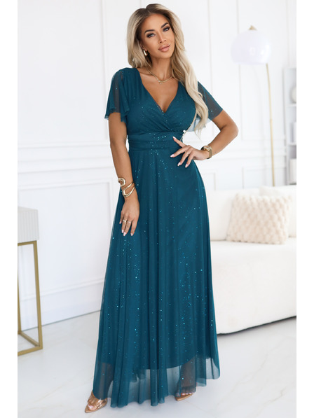numoco basic MELANIA rochie lungă strălucitoare cu decolteu și mâneci scurte - verde sticla