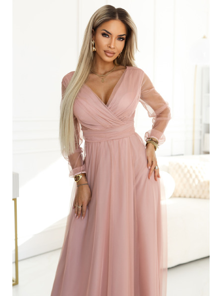 numoco basic Rochie maxi lungă cu mâneci de tul și decolteu încrucișat - roz pudră