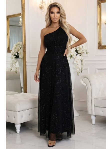 numoco basic Rochie lungă de seară strălucitoare pe un singur umăr - negru clasic