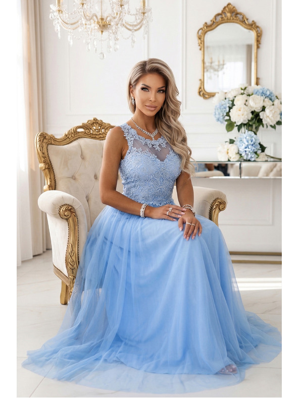 numoco Rochie maxi romantică de nuntă cu dantelă brodata și tul - albastru deschis