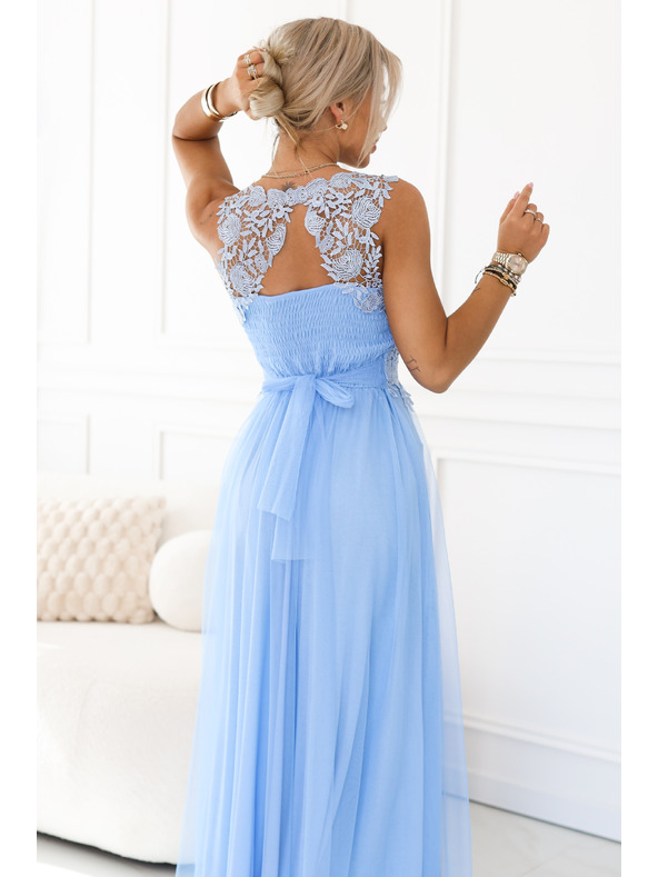 numoco Rochie maxi romantică de nuntă cu dantelă brodata și tul - albastru deschis