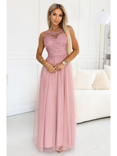 numoco basic Rochie maxi romantică de nuntă cu dantelă brodata și tul - roz pudrat