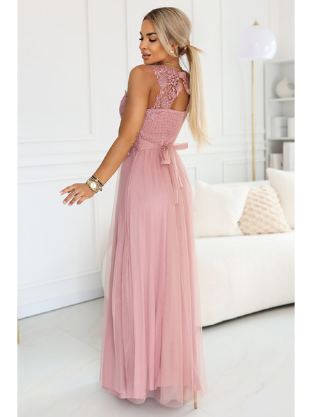numoco basic Rochie maxi romantică de nuntă cu dantelă brodata și tul - roz pudrat