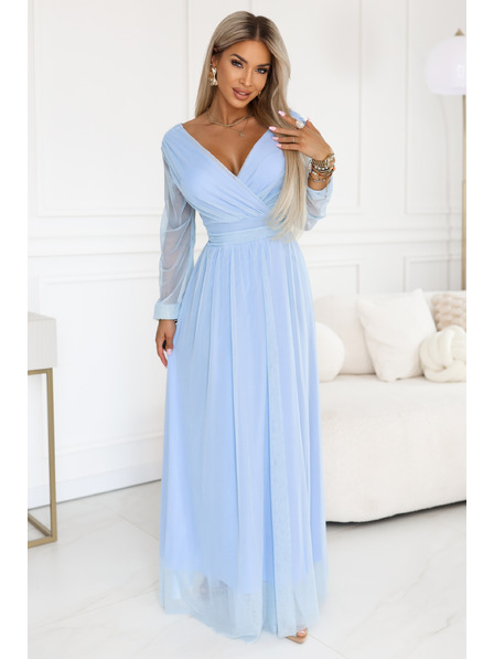 numoco basic Rochie maxi lungă cu mâneci din tul și decolteu plic - albastru deschis