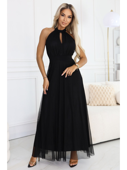 numoco basic Rochie maxi elegantă de seară halter cu tul și legătură la talie - neagră